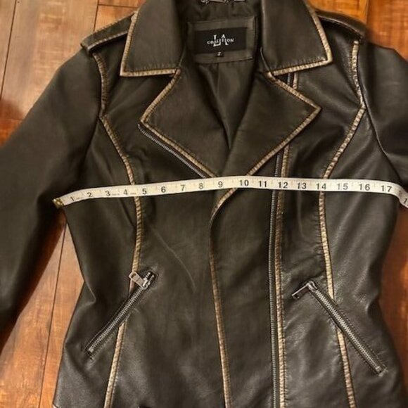 LA Coalition Dark Brown Faux Leather Moto Streetwear Edgy Tan Stitching Jacket S - Picture 8 of 9